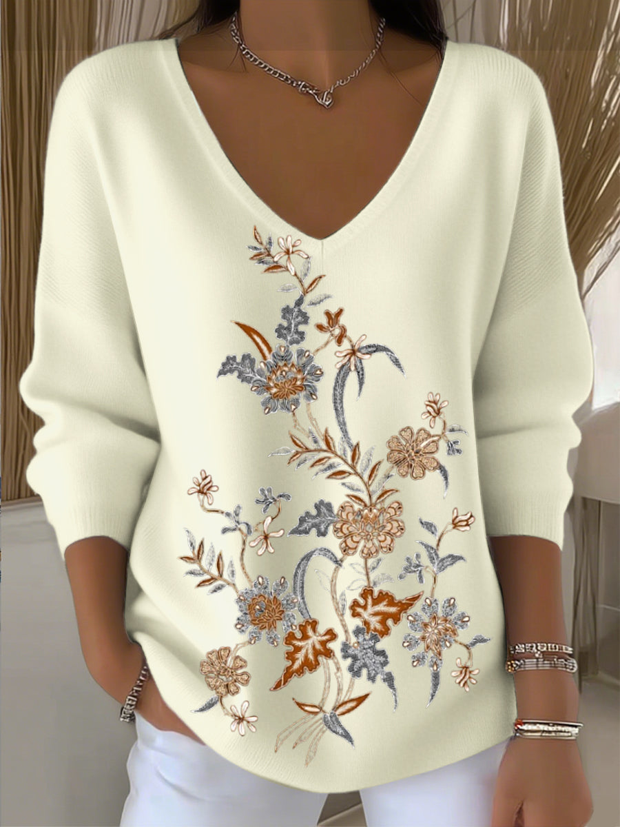 Dámské elegantní květinové vyšívané vneck svetr