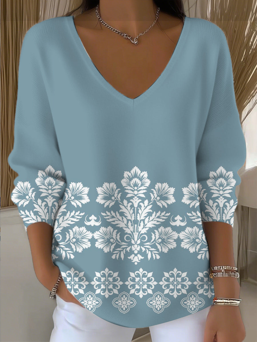 Dámské elegantní modrobílý květinový vzor vkrk svetr