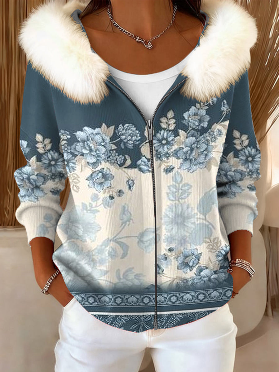 Ženské vintage květinové patchwork umělecké kožešinytrim s kapucinou kabát