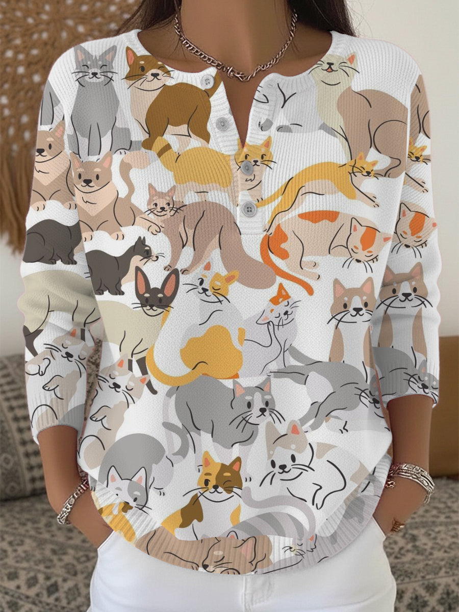 Dámské barevné kočičí koláž vytisknout henley svetr