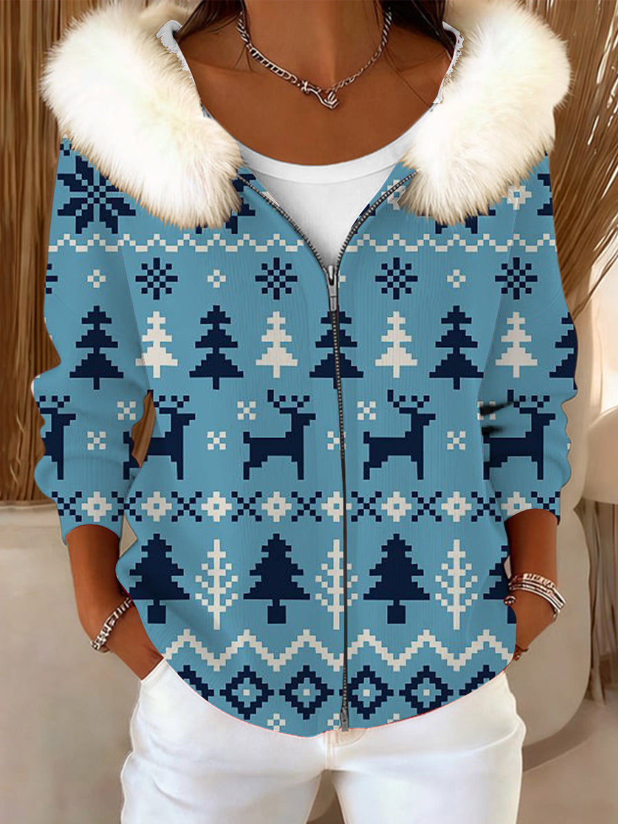 Dámské modré soby a strom tisk kožešinový obojek