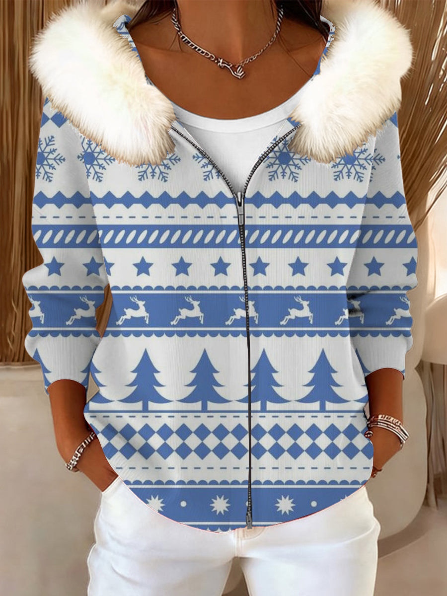 Dámské světle modré soby a strom tisk kožešiny obojek