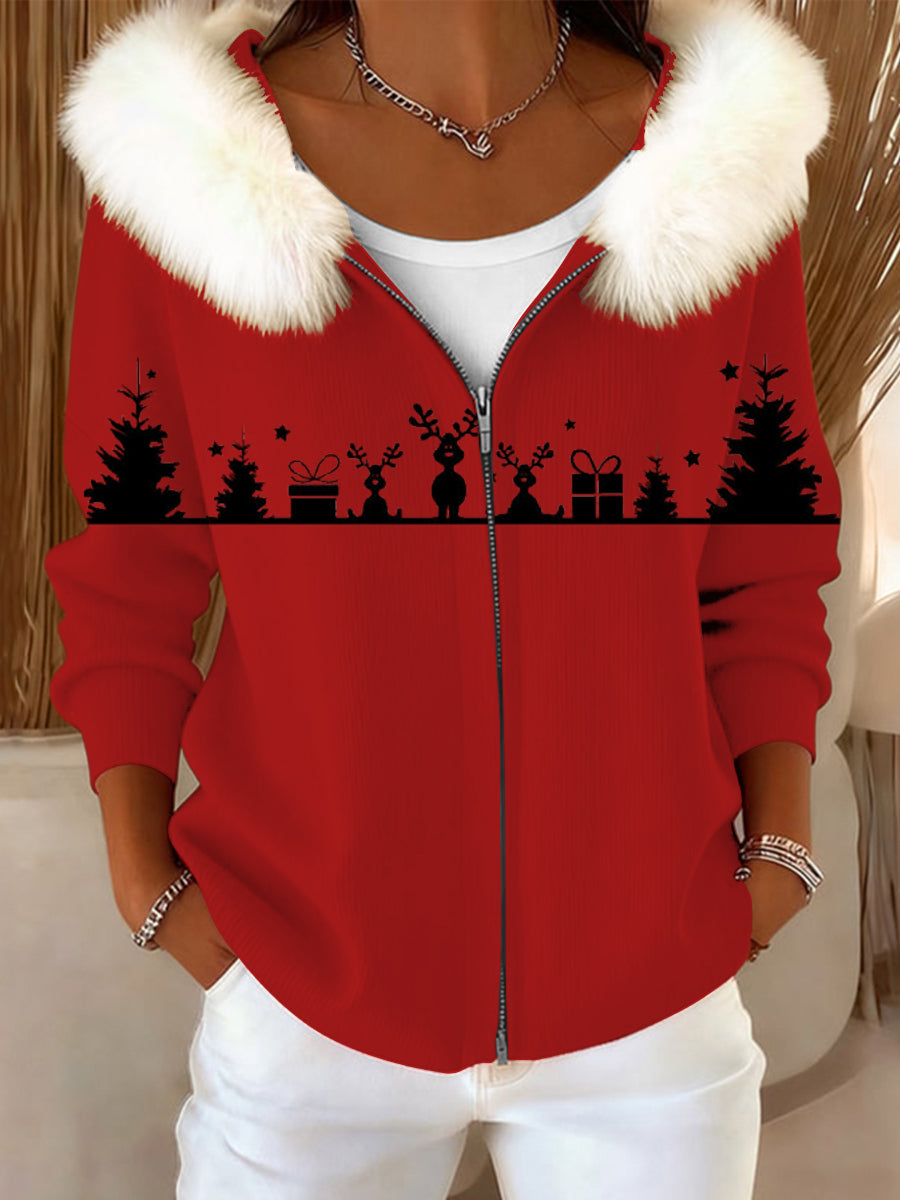 Dámské červené vánoční scény tisk kožešinový kabát