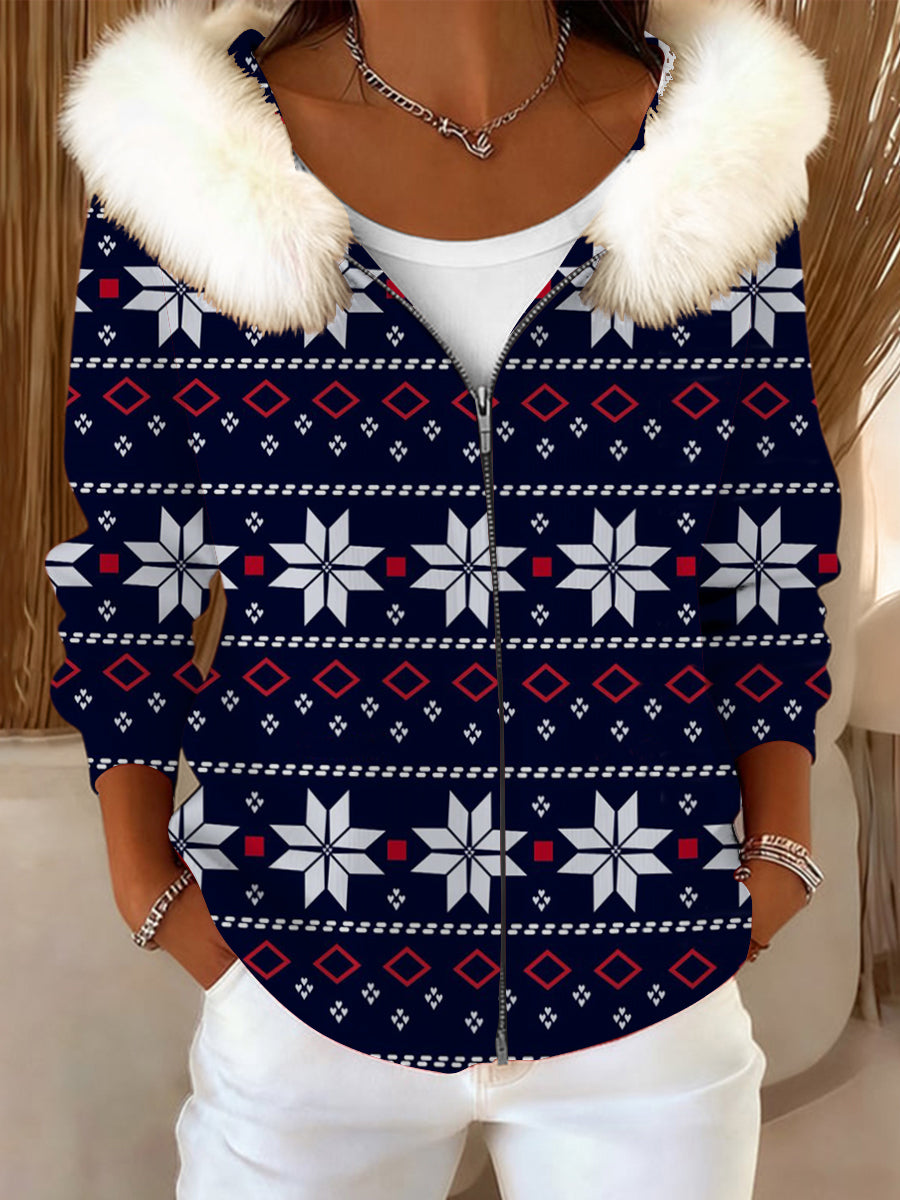 Dámské námořnictvo sněhová vločka tisk kožešinový obojek bunda