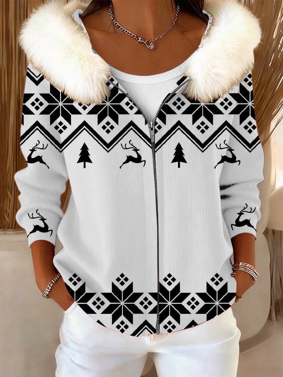 Dámské bílé černé soby tisk kožešinový obojek bunda