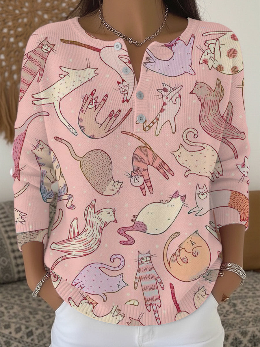 Dámské rozkošné růžové kočky doodle print henley svetr