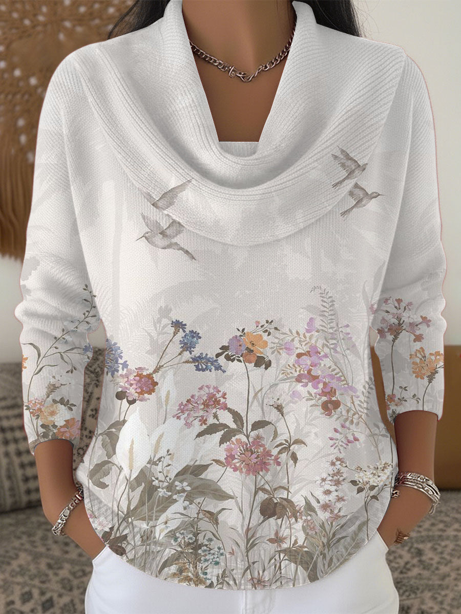 Dámské jemný květinový a ptačí tisk krabice krku svetr