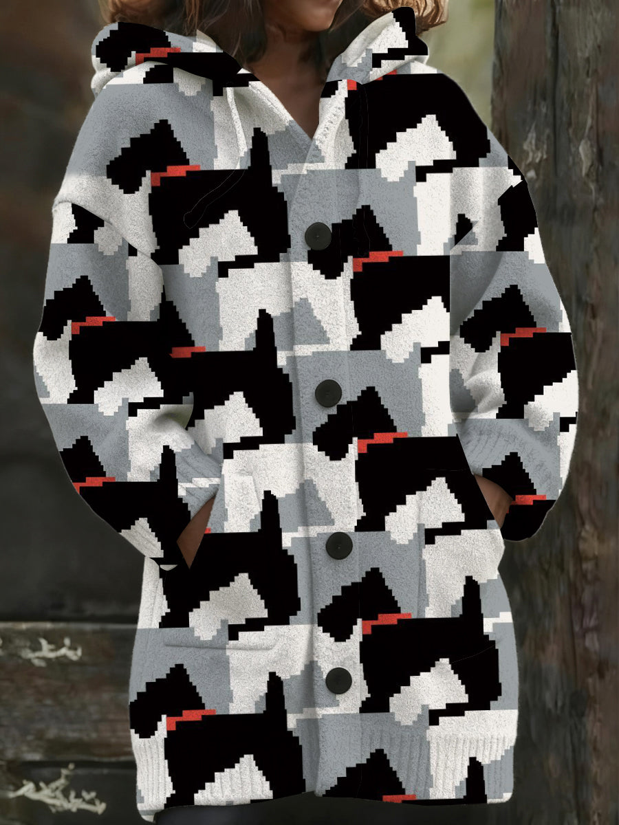 Dámské stylové geometrické psí tisk s kapucinou dlouhý kabát