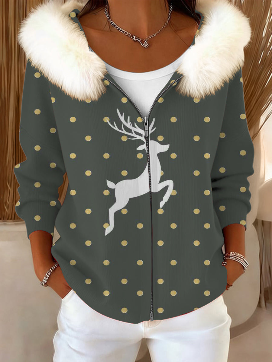 Dámské vánoce stylový polka dot sob tisk kožešiny obojek bunda