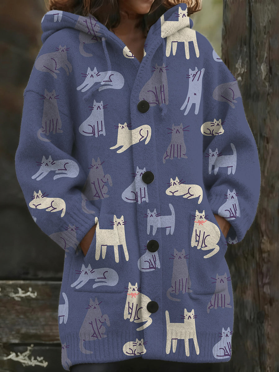 Ženské okouzlující kočka tisk s kapucinou dlouhý kabát