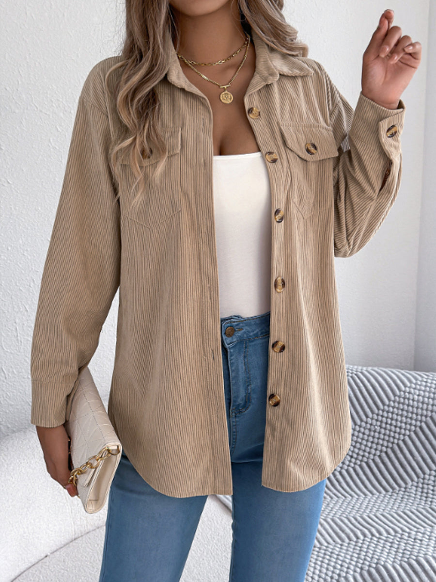 Dámské stylový béžový corduroy buttondown košile bunda