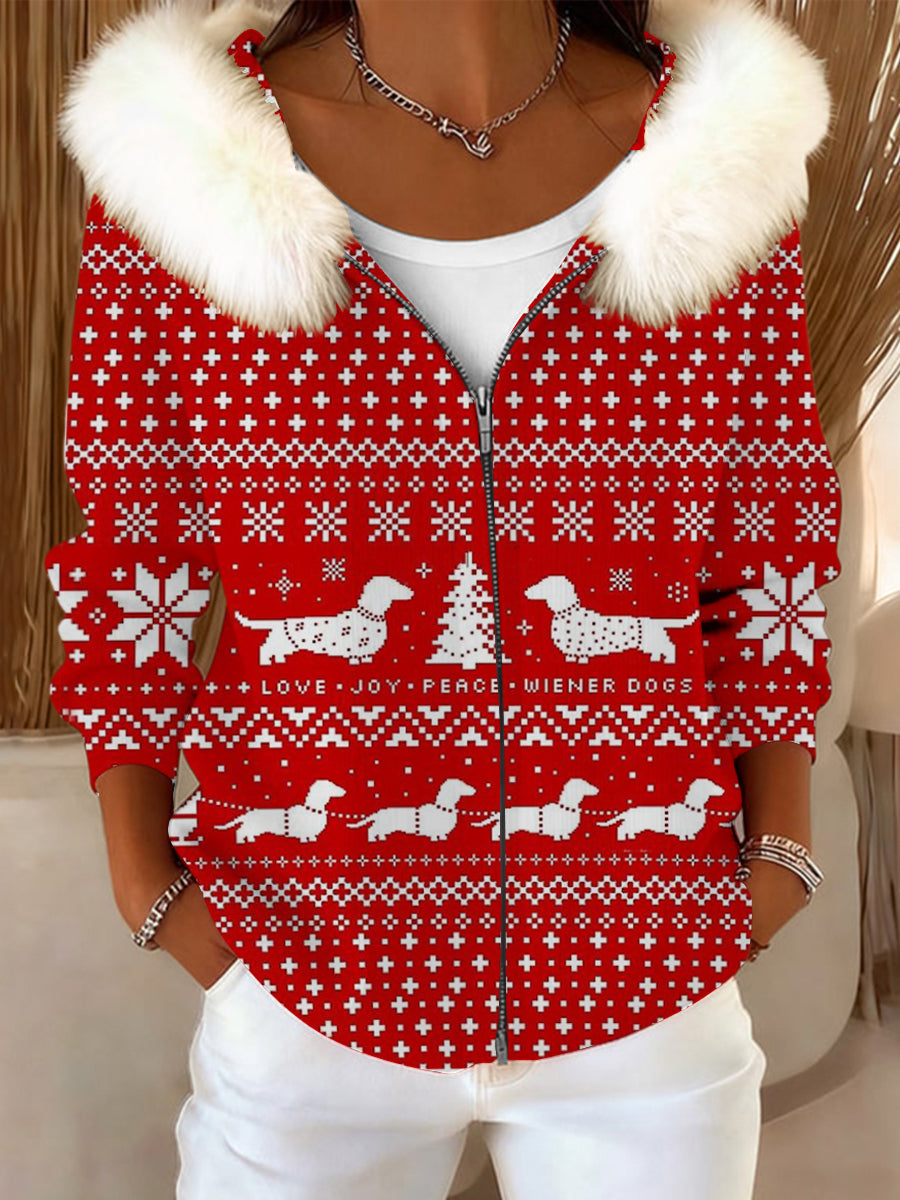 Dámské vánoce vibrant red wiener dog print kožešinový obojek bunda