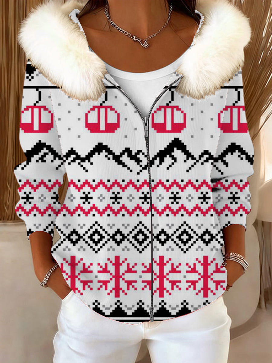 Dámské cool ski lift print fur collar jacket