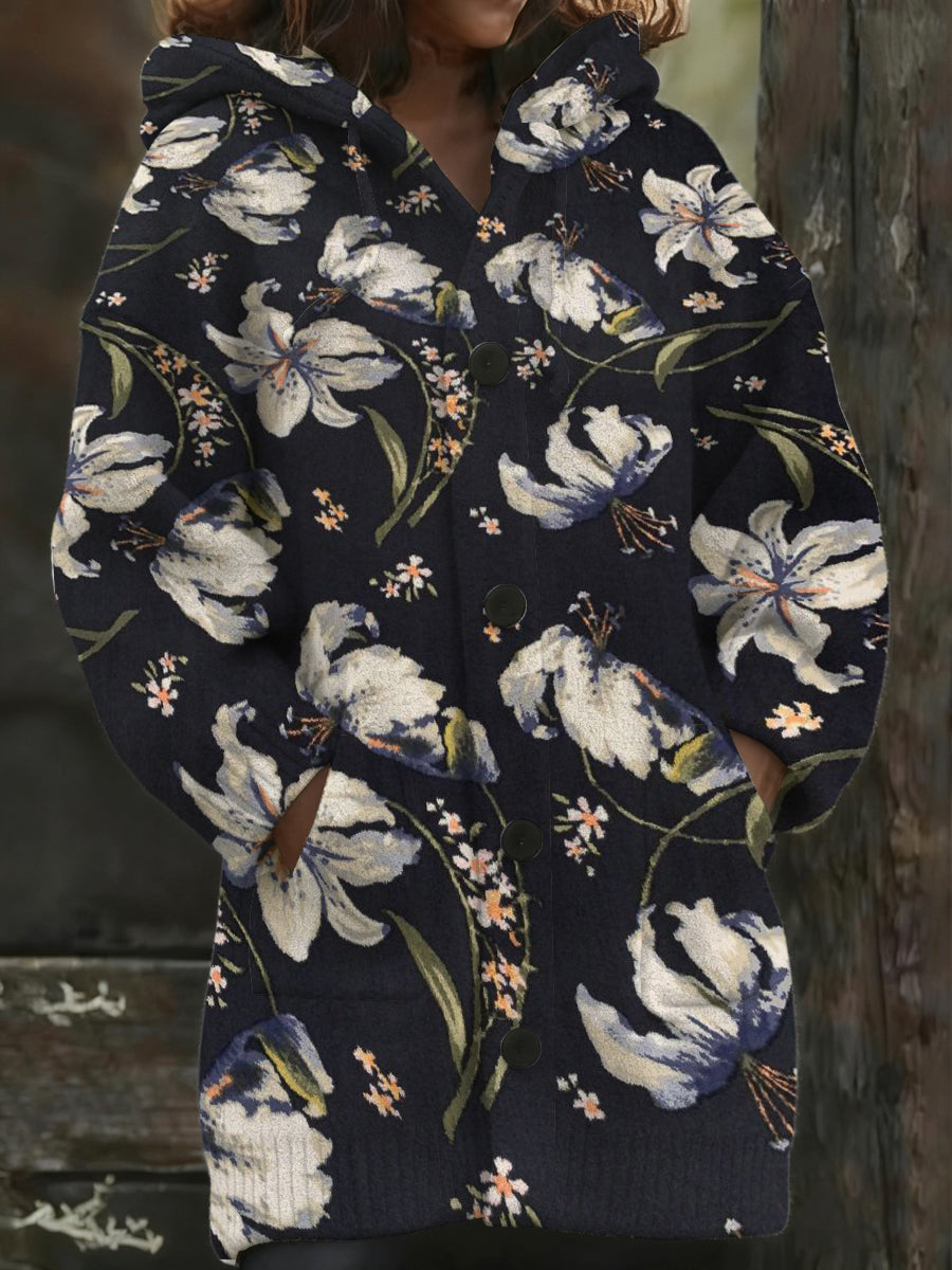 Dámské elegantní lilie květinová tisk s kapucinou dlouhý kabát