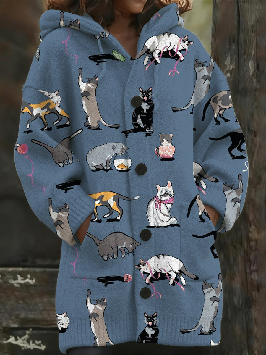 Ženská hravá kočka vytisknout dlouhý kabát s kapucinou