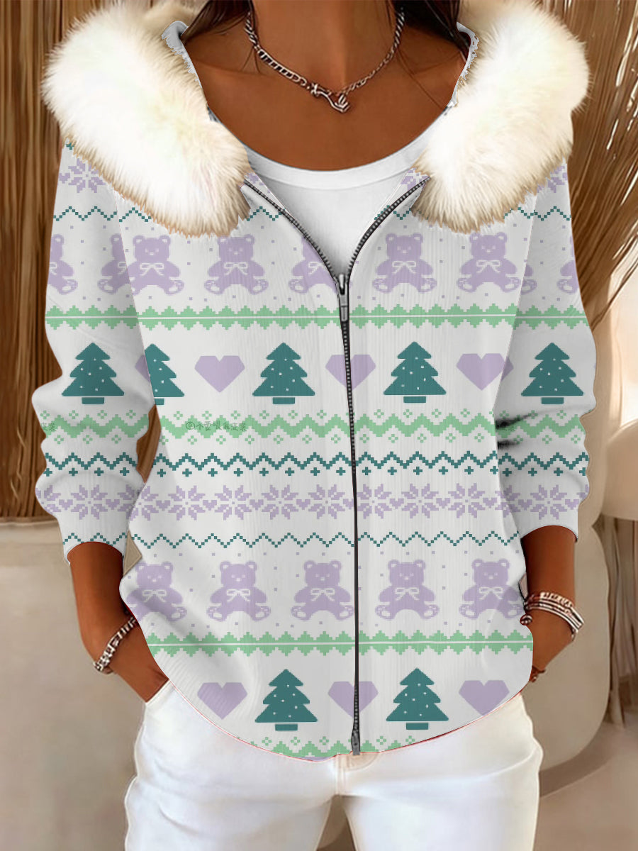 Ženy roztomilý medvěd a strom tisk kožešinový obojek bunda
