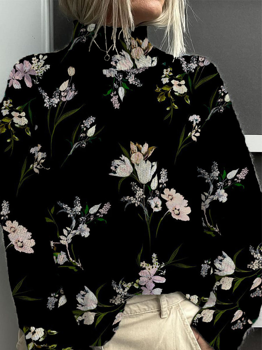 Dámské jemné vícebarevné květinové tisk mock krk svetr