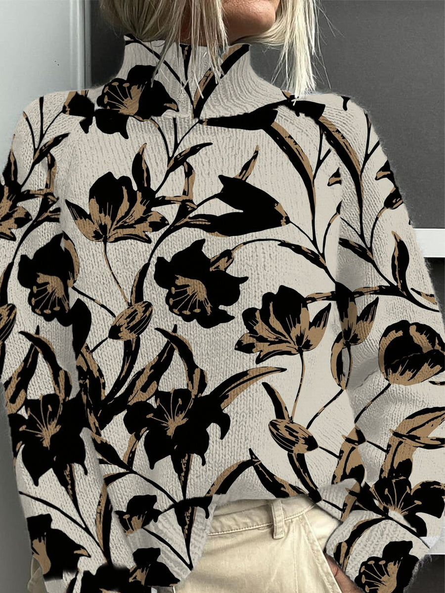 Dámské stylové béžové květinové tisk mock neck svetr