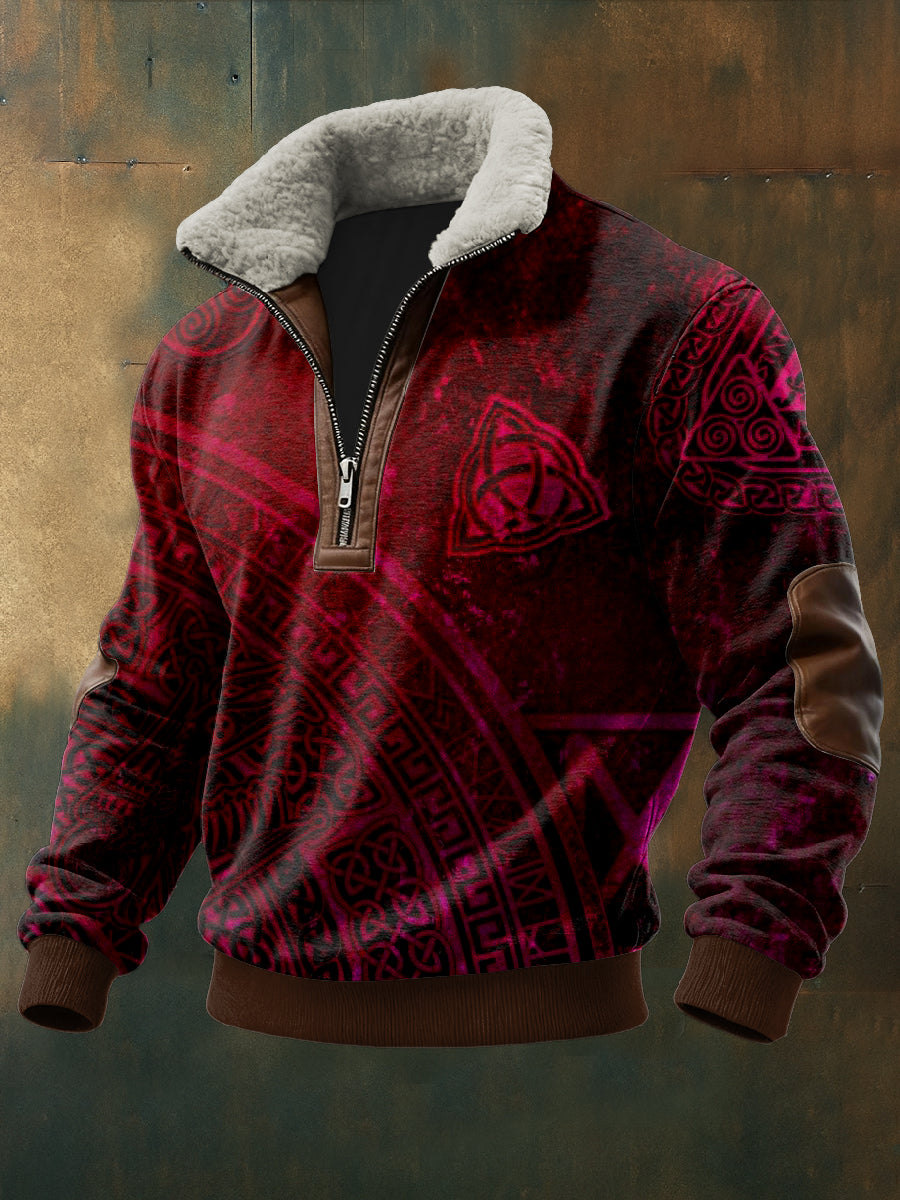 Pánské viking vytištěné dlouhé rukávy stand up golier jehňata zips top