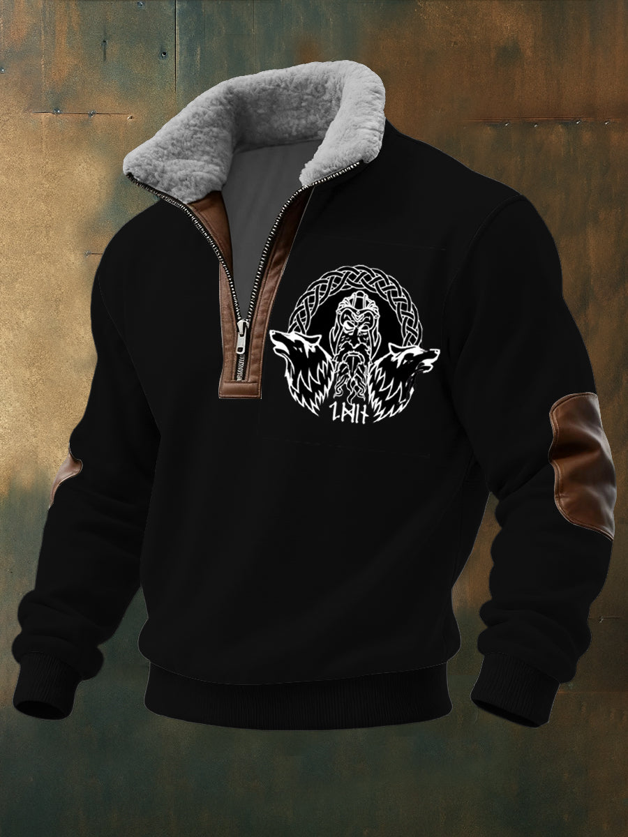 Pánské odin & wolf print sherpalined zip sweatshirt
