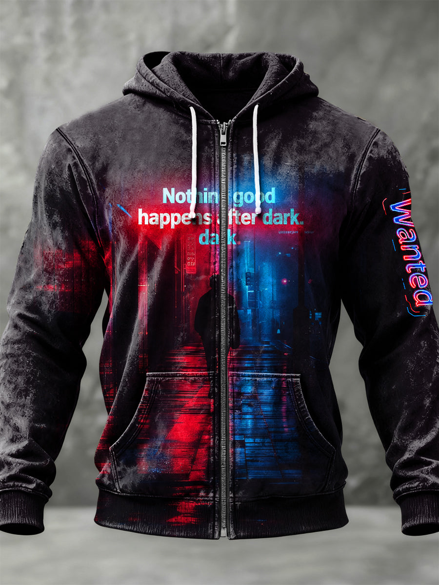 Retroinspired neon nightscape casual zipper hoodie