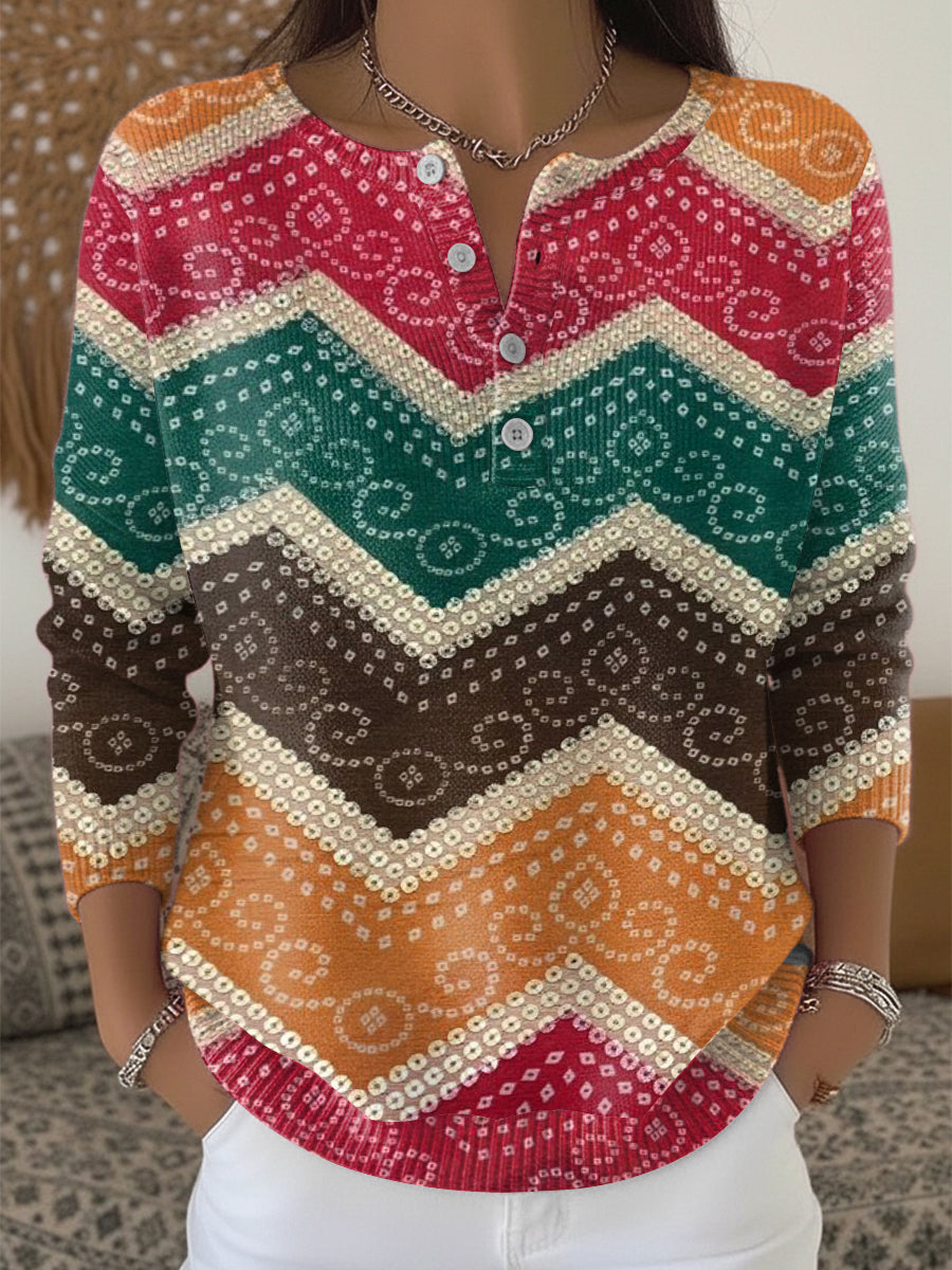 Dámské vánoční barvapruhovaný henley neck svetr