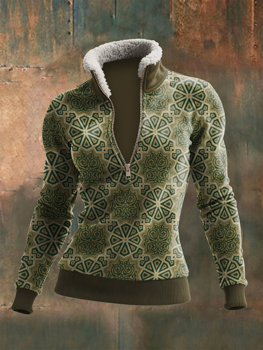 Ženské viking totem tištěné zips jehněčí vlna s dlouhým rukávem top