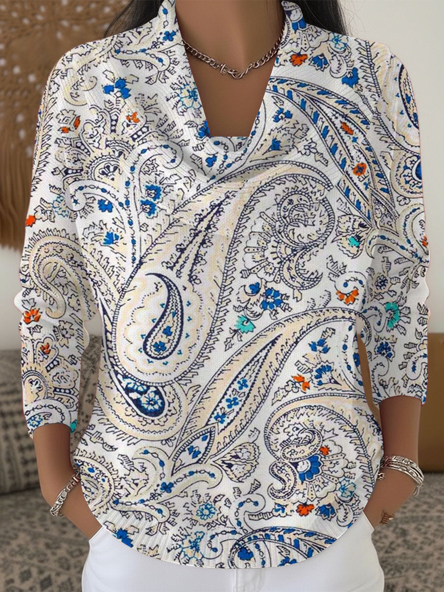 Dámské vibrant blue paisley print cowl neck svetr