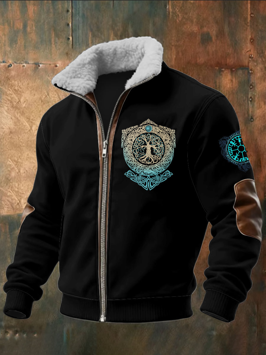 Pánské viking vytištěné dlouhé rukávy stand up golier jehňata zips top