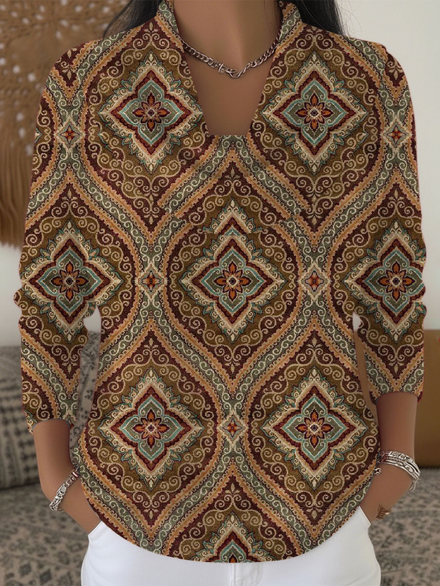 Dámské unikátní hnědé geometrické paisley tisk krabice krku svetr