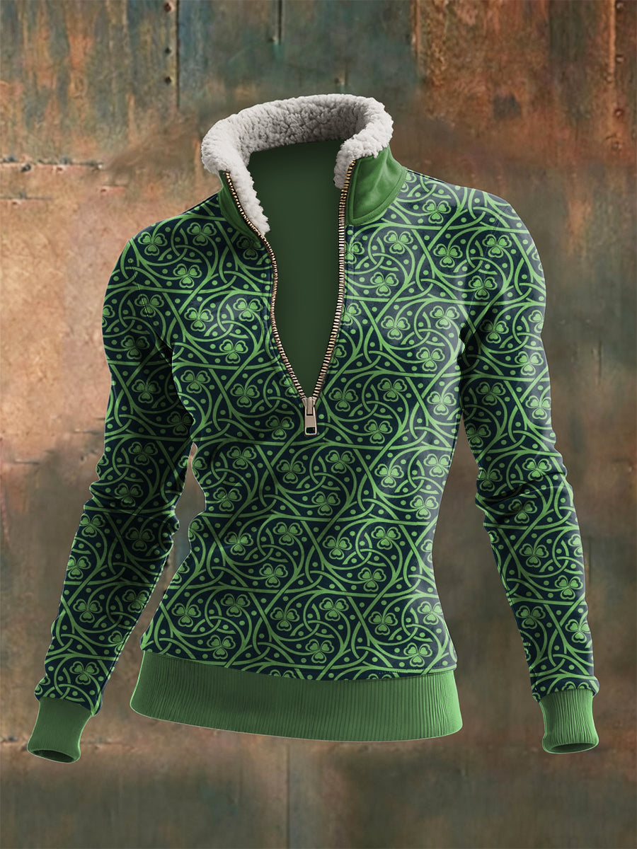 Ženské viking totem tištěné zips jehněčí vlna s dlouhým rukávem top