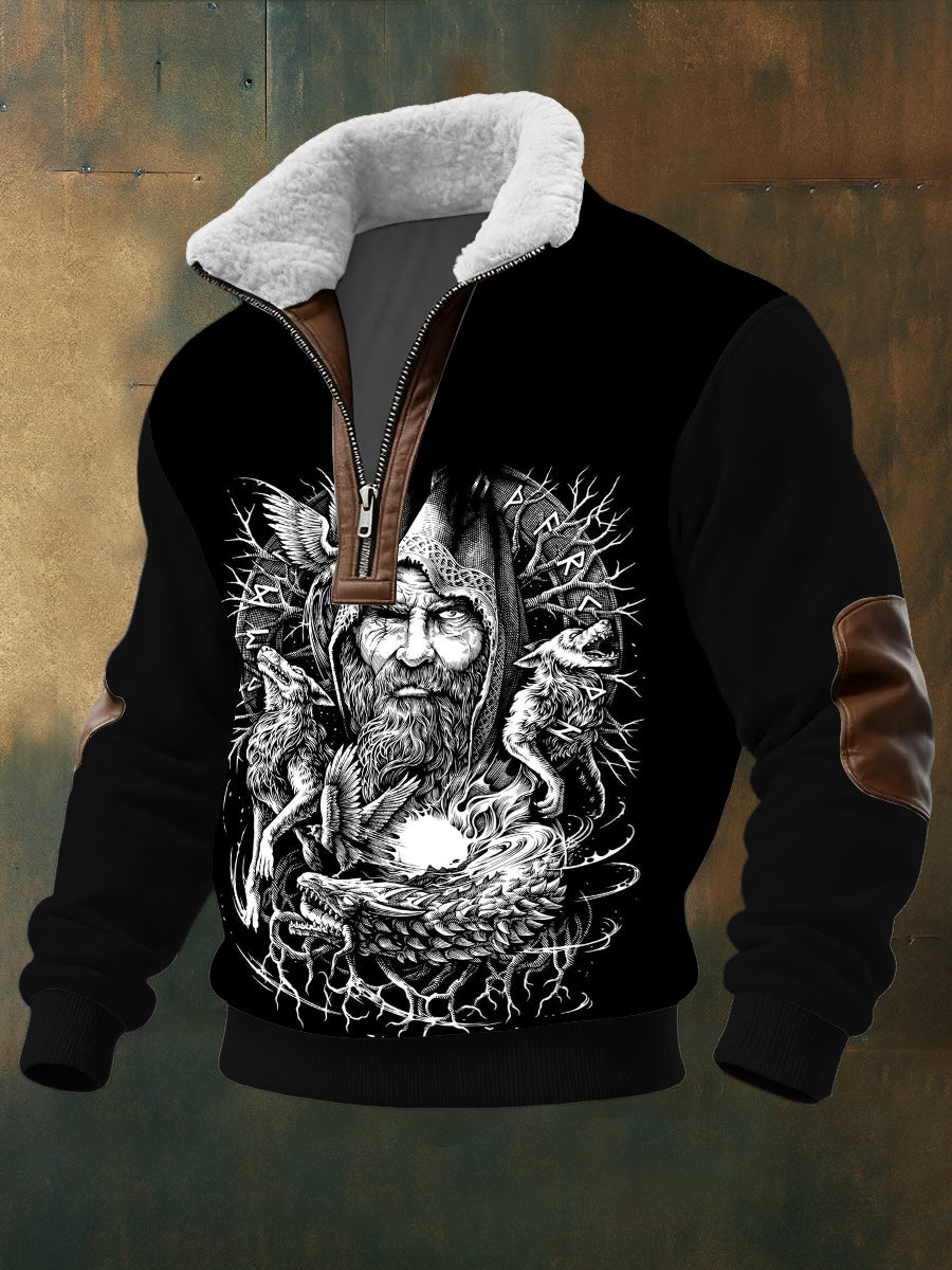 Pánské složité norské válečník & vlk tisk sherpalemované zip sweatshirt