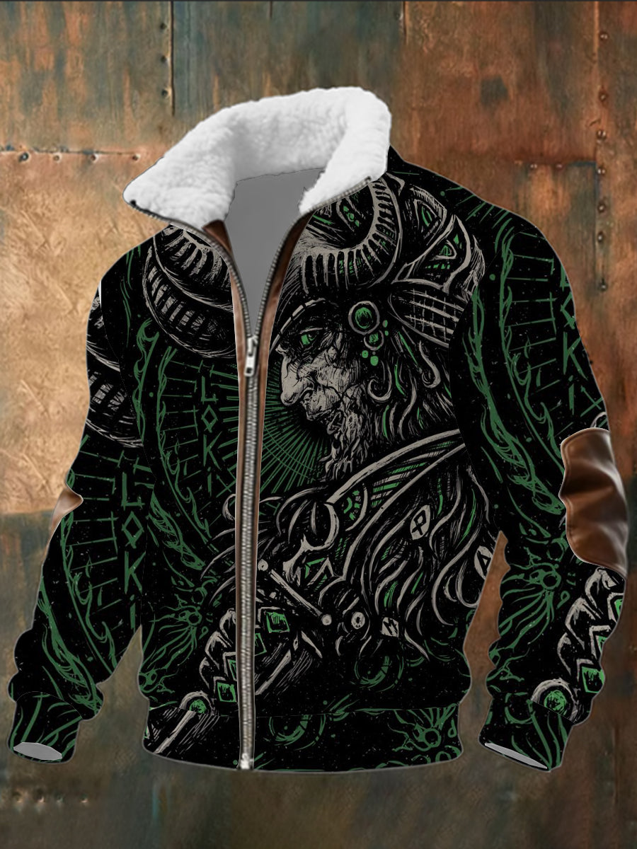 Pánské složité norse loki print sherpalemovaný zip bunda