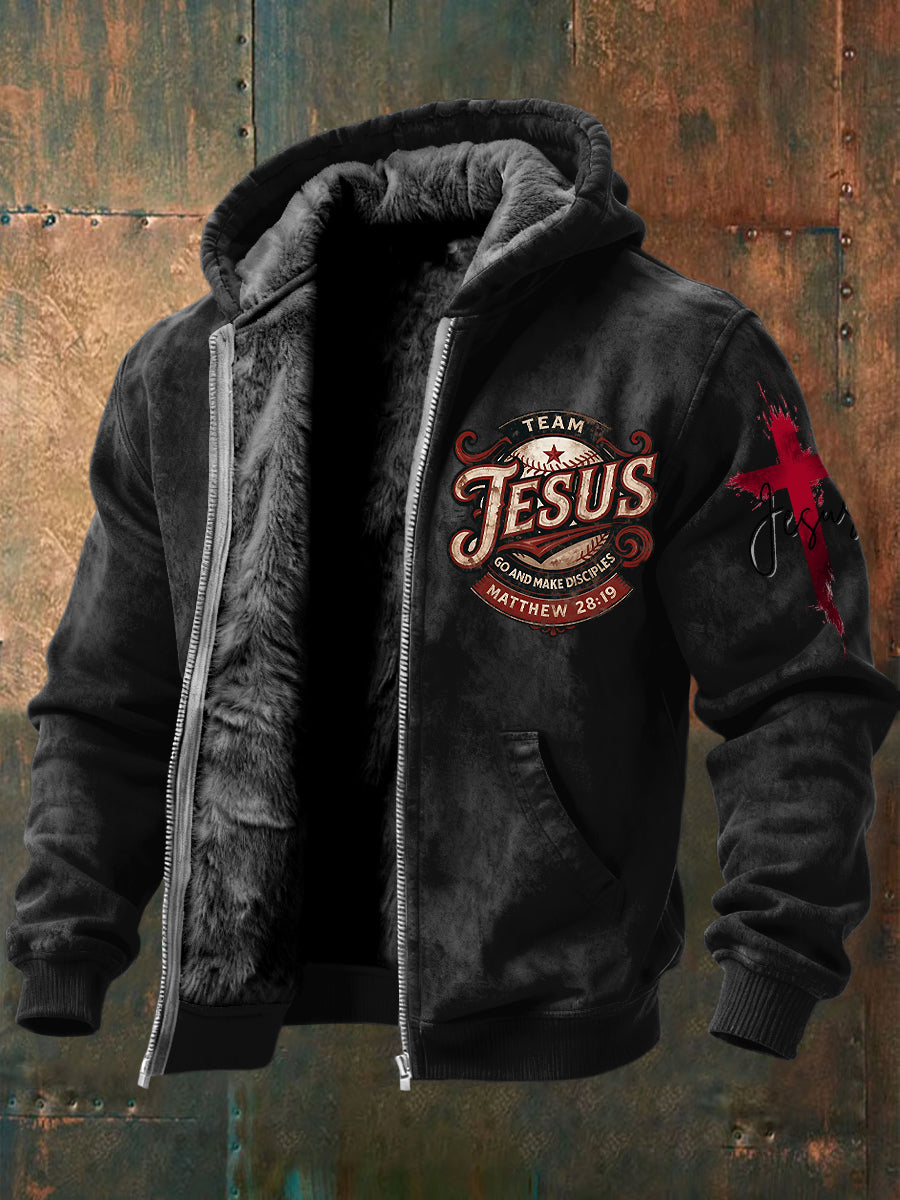 Vintagewashed jesus cross fleecelined with hooded zipper jacket