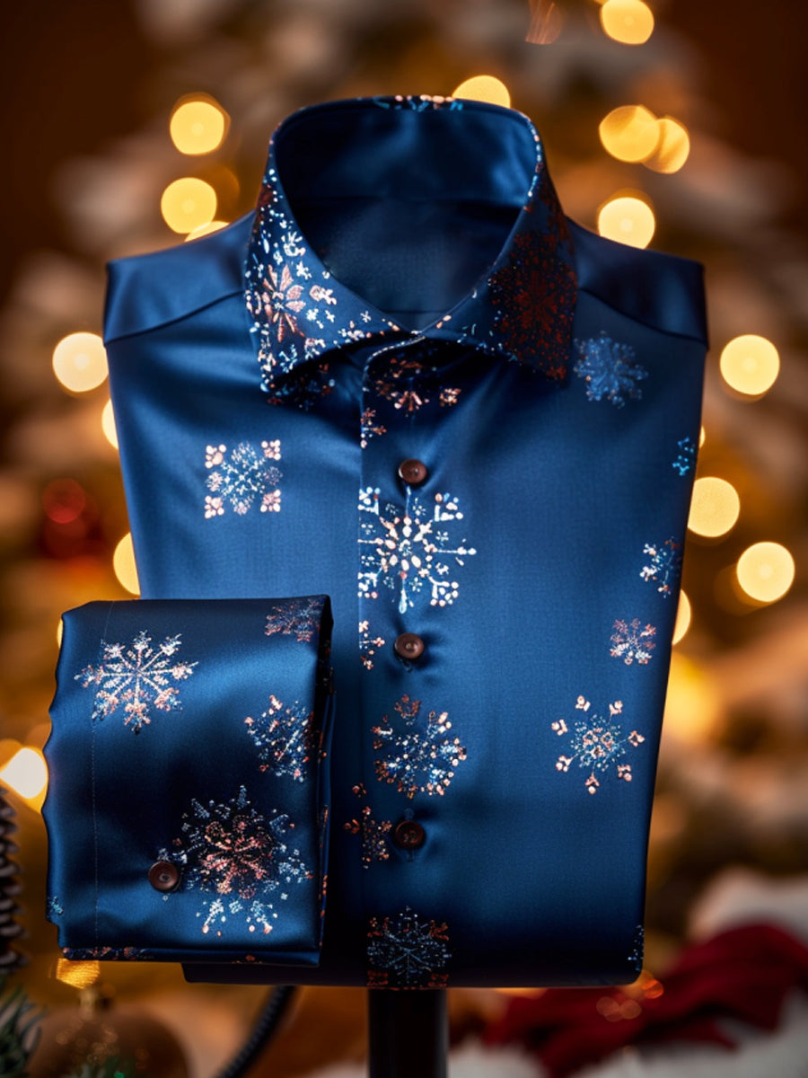 Retro vánoční snowflake premium satén s dlouhým rukávem košile