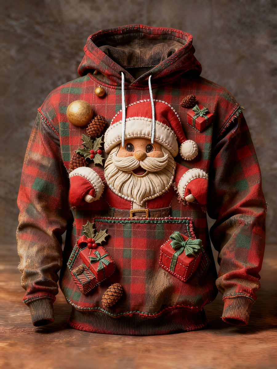 Retro vánoční santa plaid casual hoodie