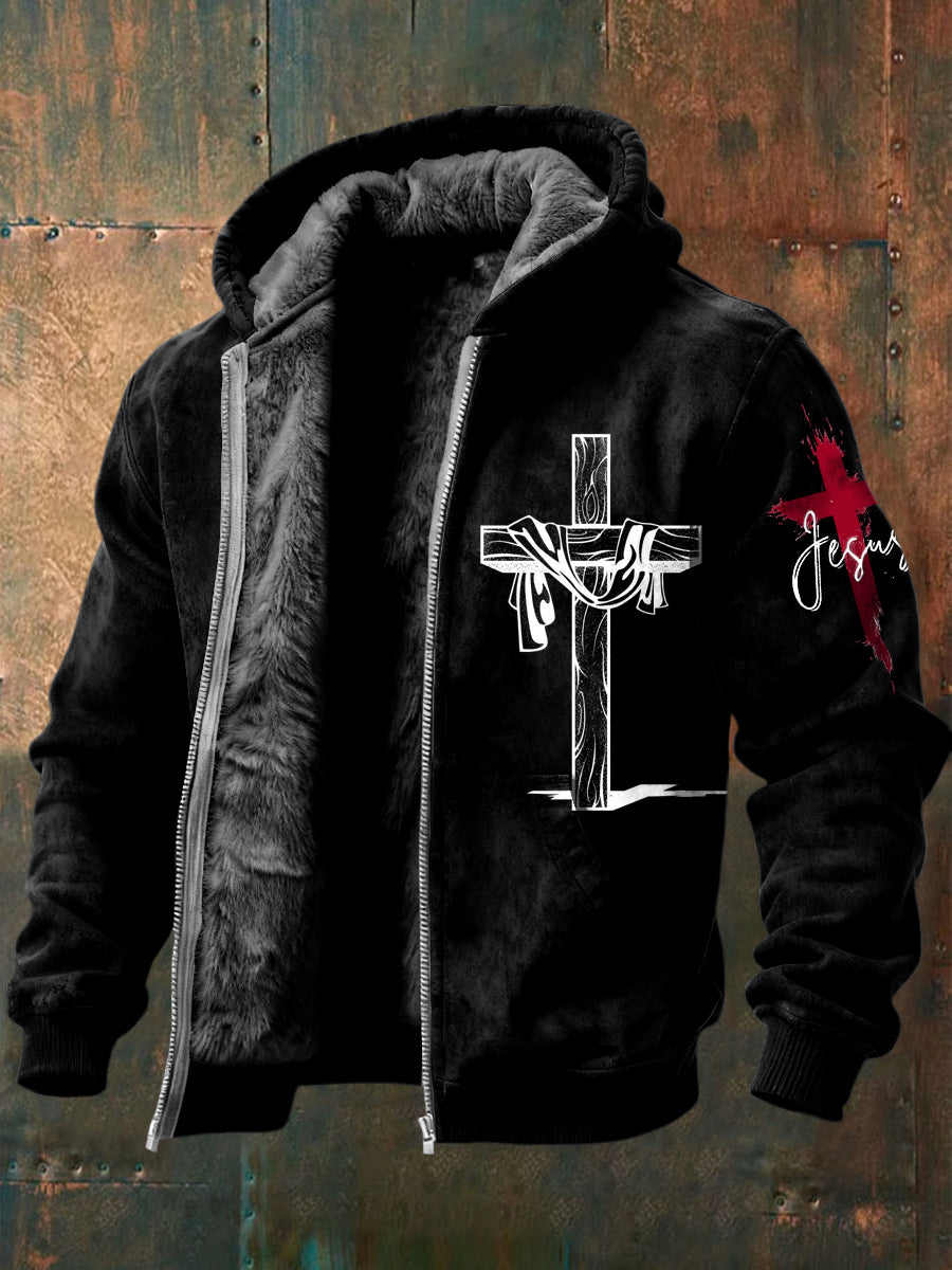Retro jesus cross fleecelemované kabát s kapucinou