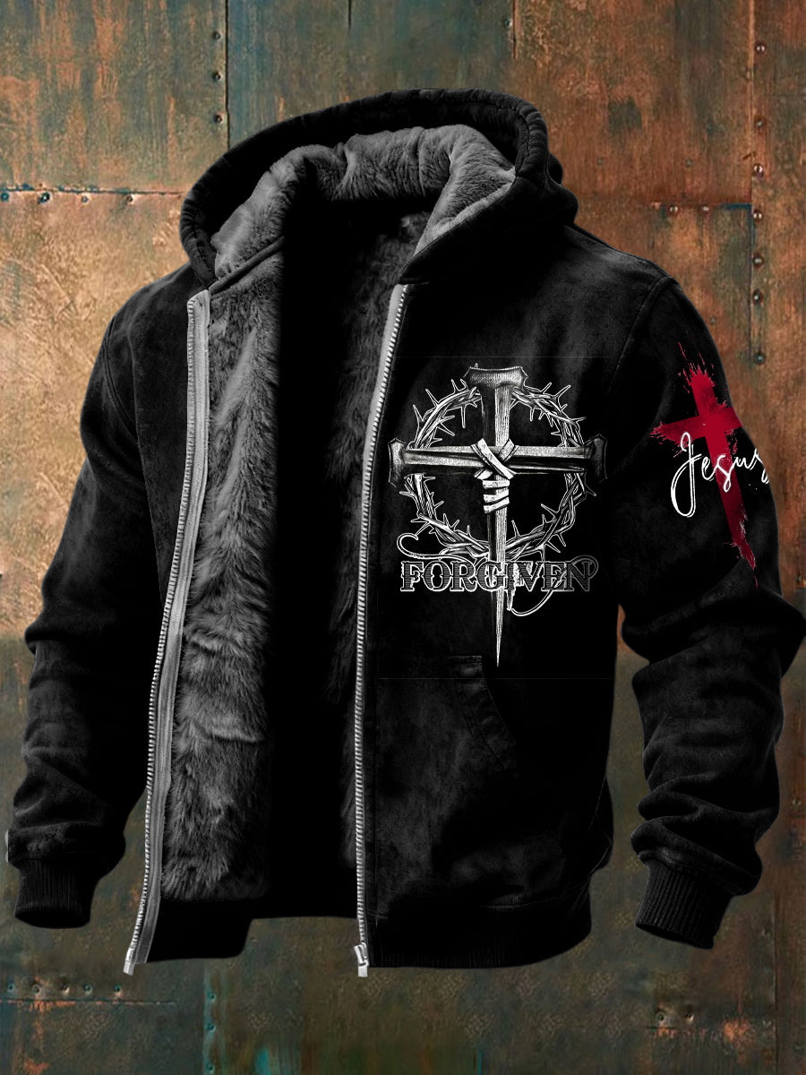 Retro ježíšovo odpuštění fleecelemované kabát s kapucinou