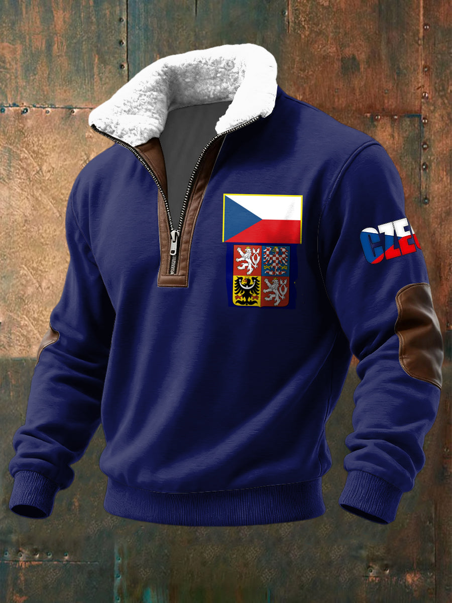 Retro flag emblem lambswool patchwork fleece pullover