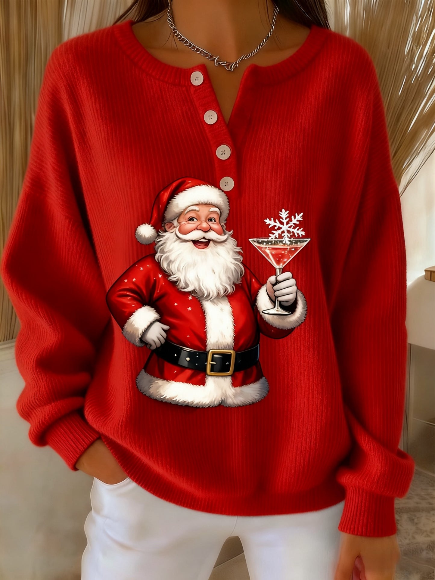 Dámské retro vánoční santa claus koktejl tisk svetr s dlouhým rukávem