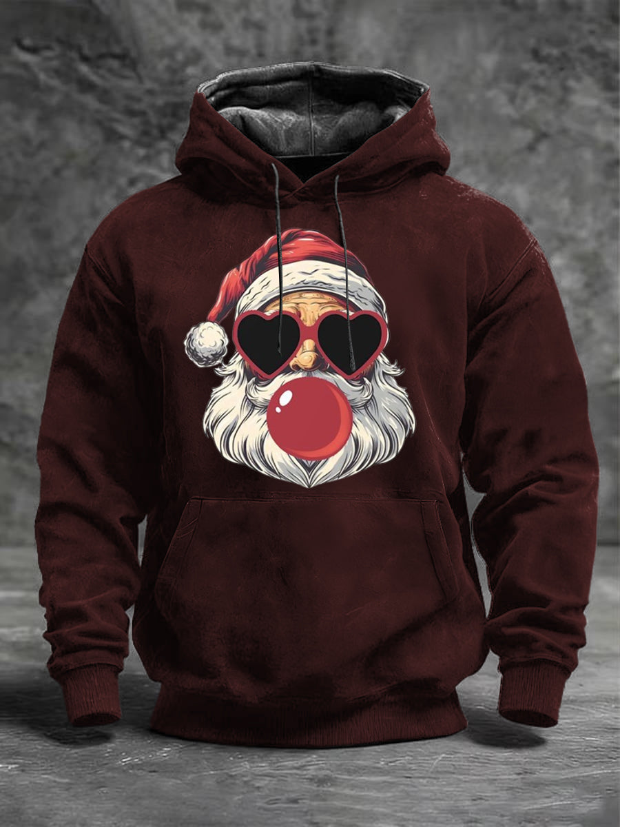 Pánské burgundské chladné santa srdce sluneční brýle & bublina guma tisk mikina