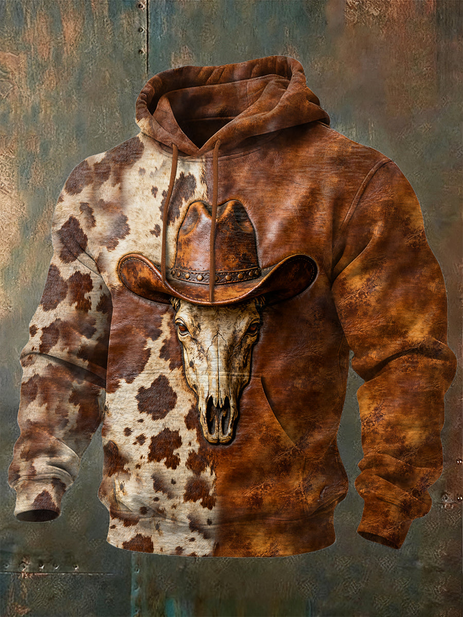 Retro western cow skull print casual sweatshirt