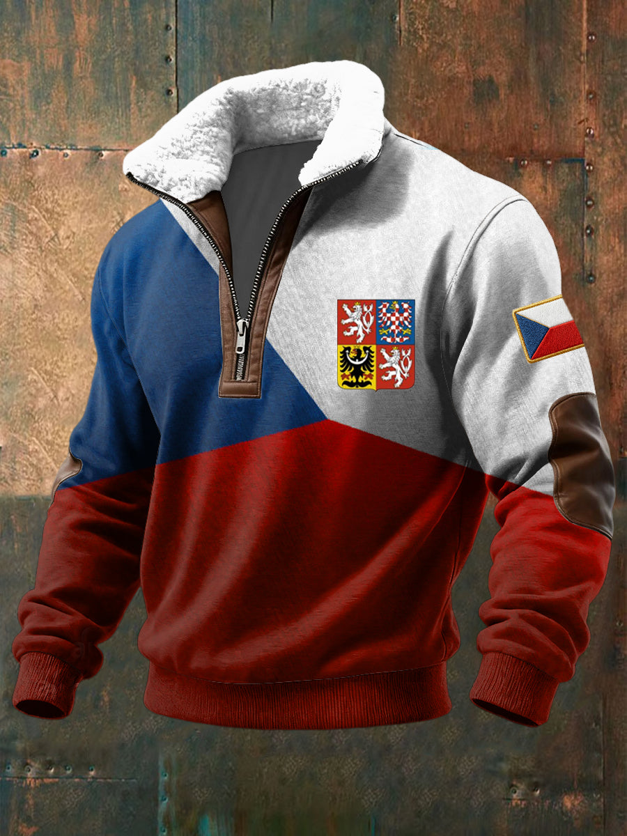 Retro vlajka geometrické patchwork shearling zipper pulóver