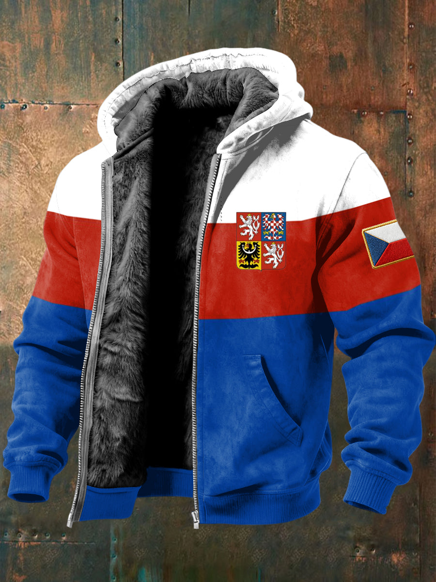 Retro vlajka stripe patch fleecelemované kabát s kapucinou