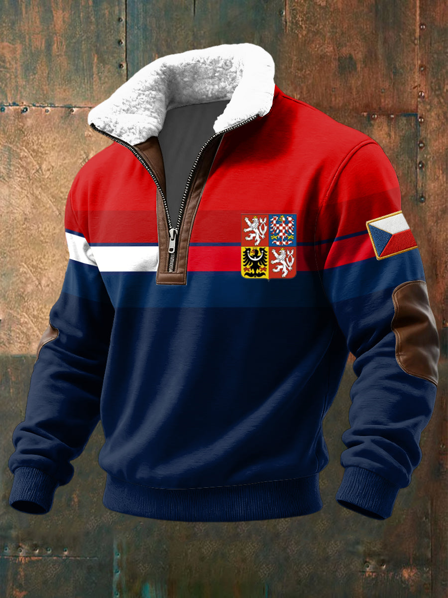 Retro vlajka stripe odznak lambswool zips pullover