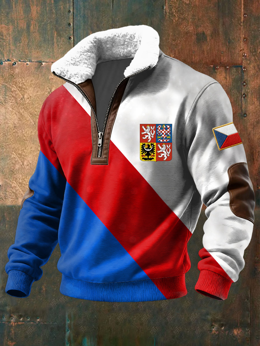 Retro vlajka stripe patchwork shearling hoodie