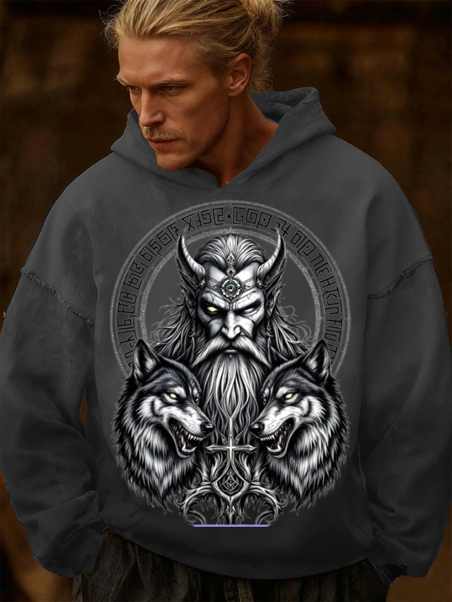 Men grey norse god & wolves print hoodie