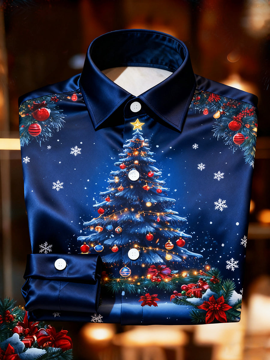 Vintage christmas tree snowflake premium satén s dlouhým rukávem košile