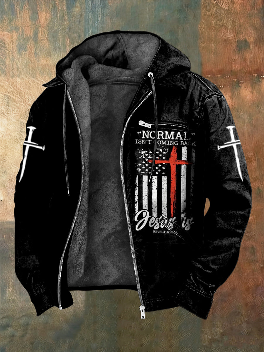 Retro flag jesus casual fleecelined with hooded jacket