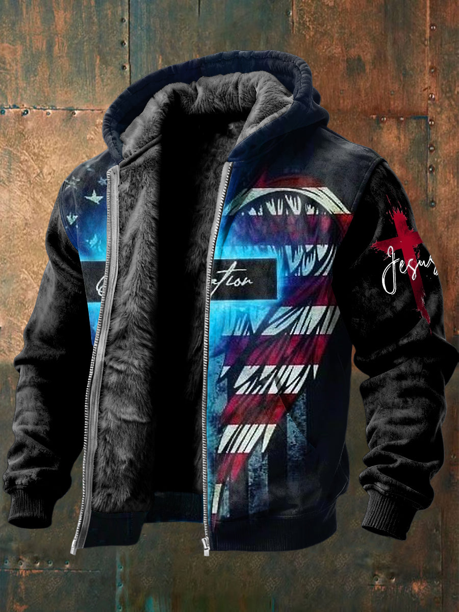 Retro abstraktní vlajka kříže kříž fleecelemované kabát s kapucinou